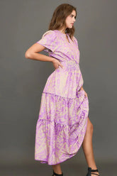 Umgee Full Size Printed Notched Short Sleeve Tiered Dress Plus Size OutfitFlow